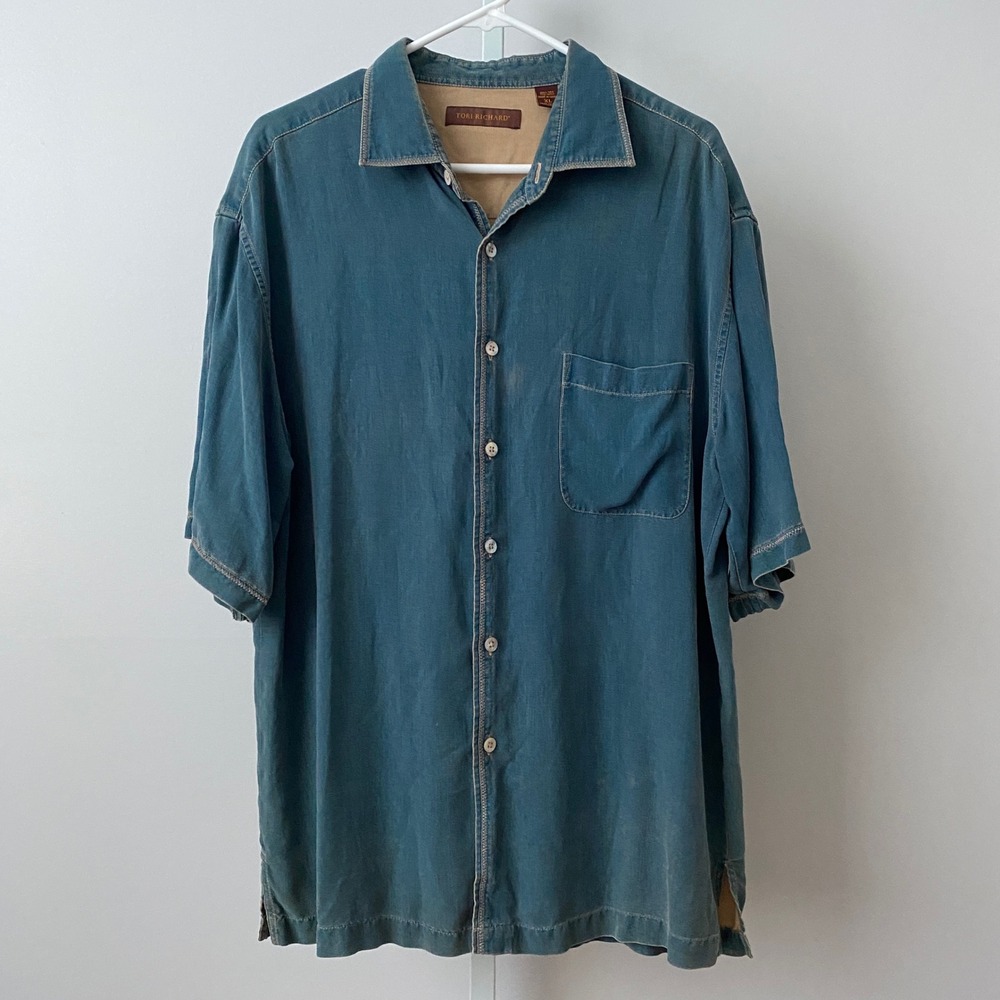 Tori Richard‎ 100% Silk Tropical Beachy Relaxed Short Sleeve Button Down XL Blue